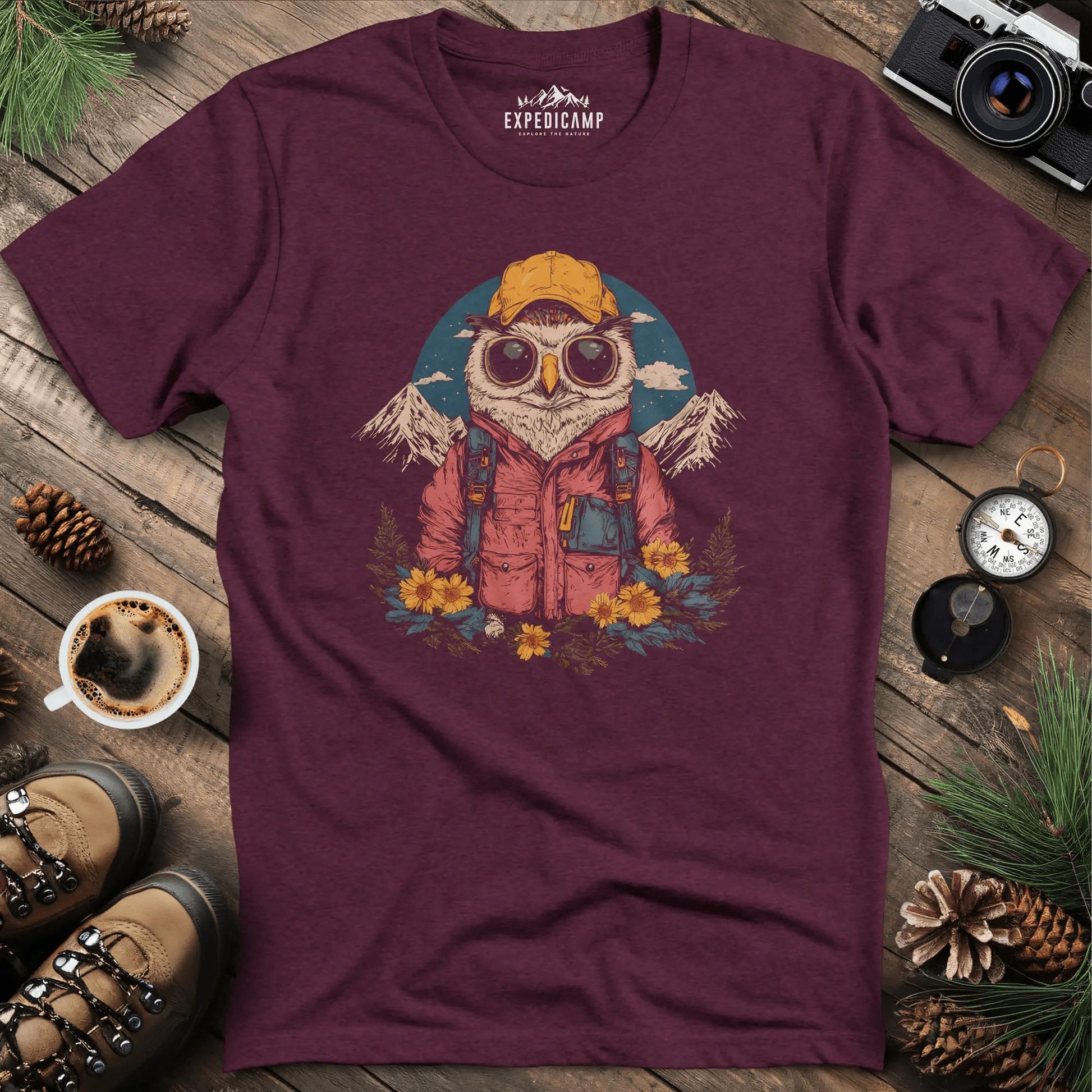 Owl Hiker T-Shirt – Wisdom of the Wild – Heather Maroon – Outdoor apparel for travel, hiking, camping, and nature lovers – ExpediCamp