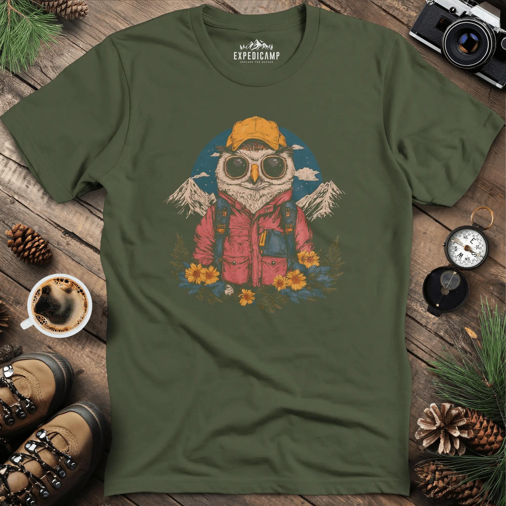 Owl Hiker T-Shirt – Wisdom of the Wild – Military Green – Outdoor apparel for travel, hiking, camping, and nature lovers – ExpediCamp