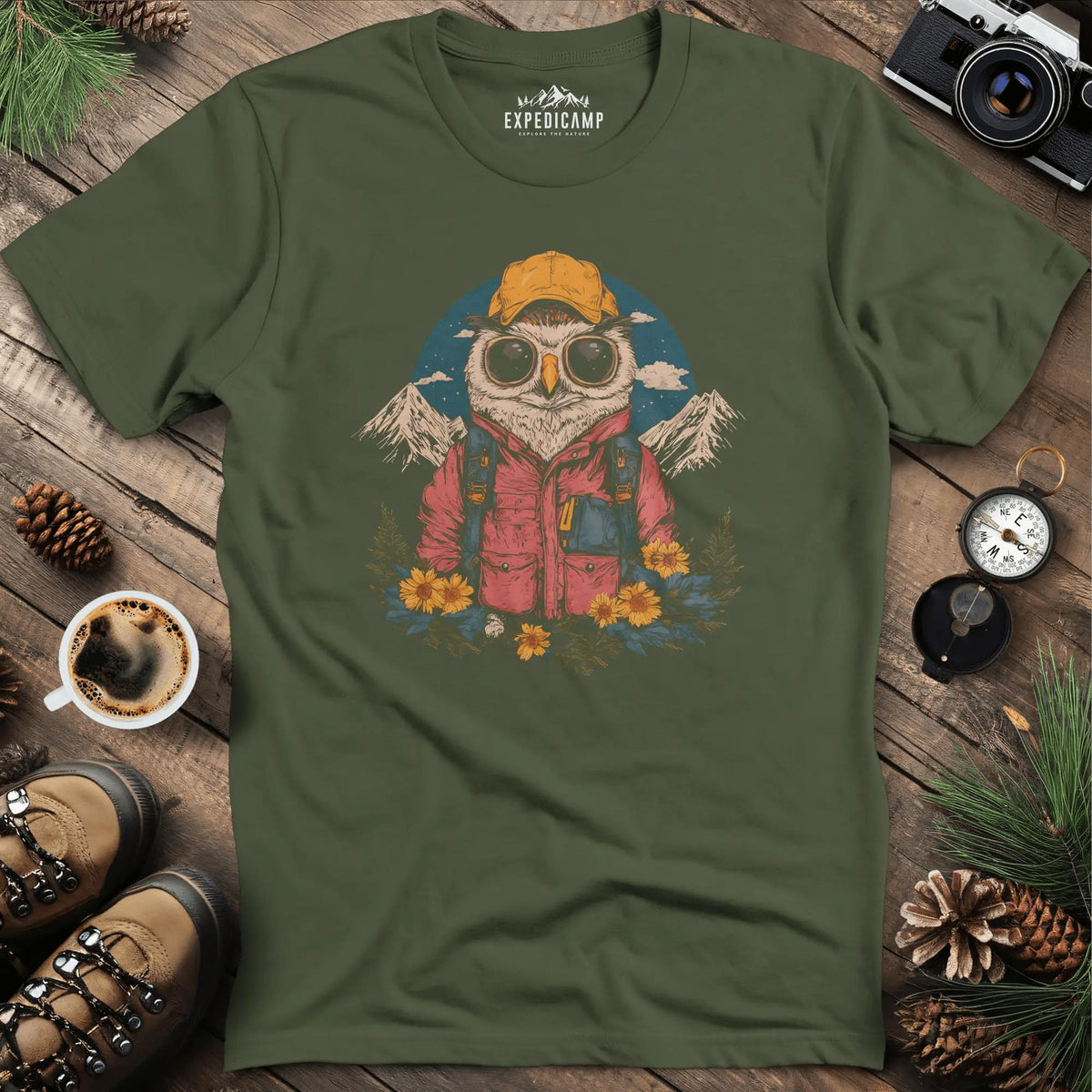 Owl Hiker T-Shirt – Wisdom of the Wild – Military Green – Outdoor apparel for travel, hiking, camping, and nature lovers – ExpediCamp
