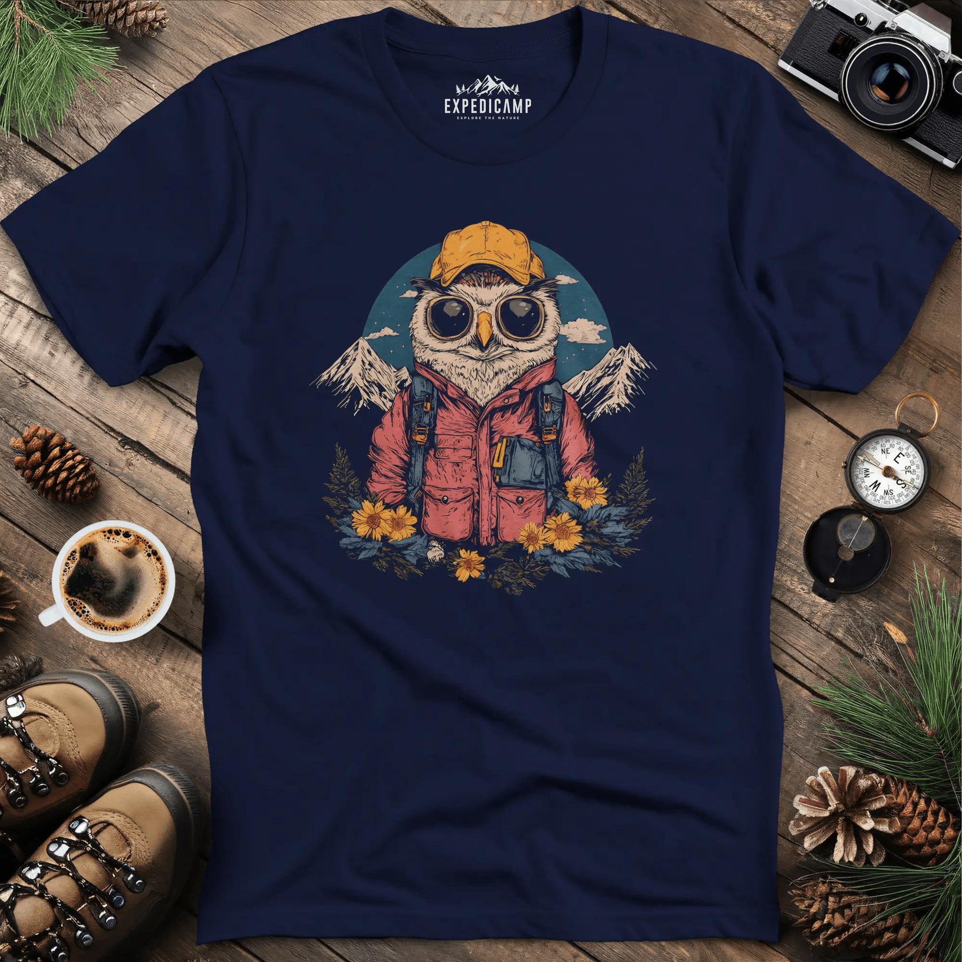Owl Hiker T-Shirt – Wisdom of the Wild – Navy – Outdoor apparel for travel, hiking, camping, and nature lovers – ExpediCamp