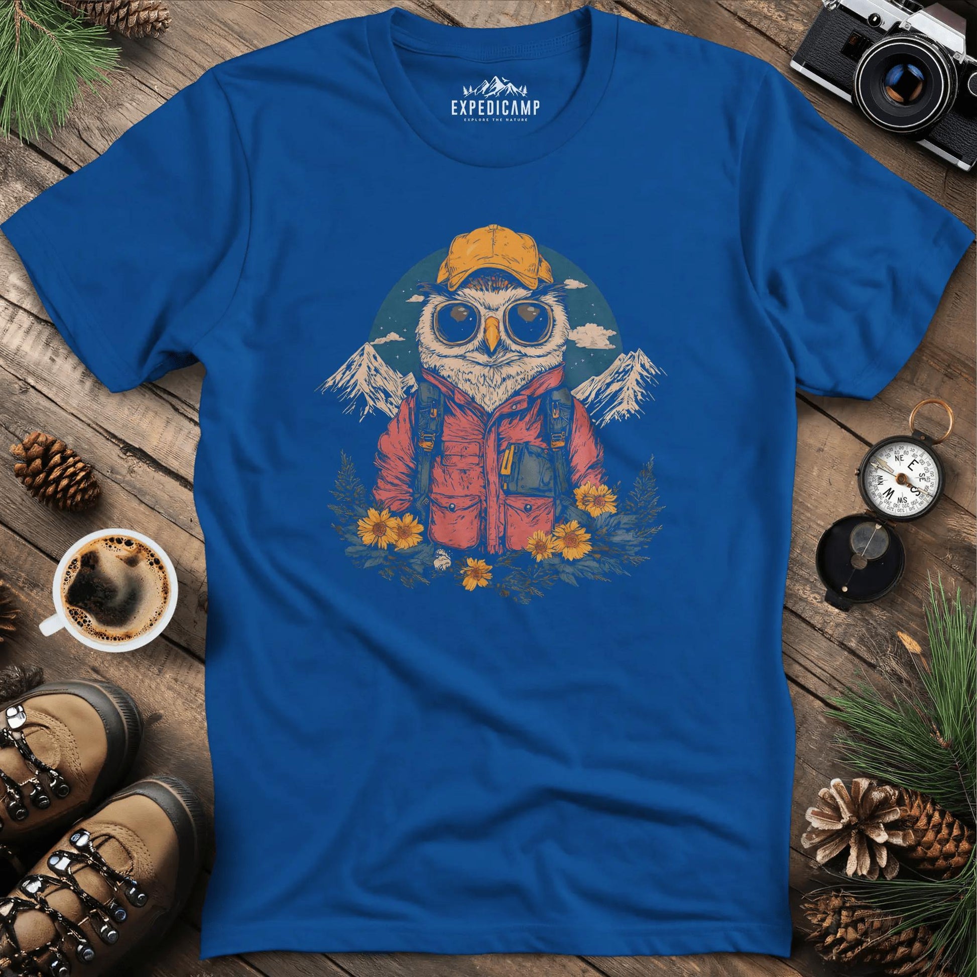 Owl Hiker T-Shirt – Wisdom of the Wild – Royal – Outdoor apparel for travel, hiking, camping, and nature lovers – ExpediCamp