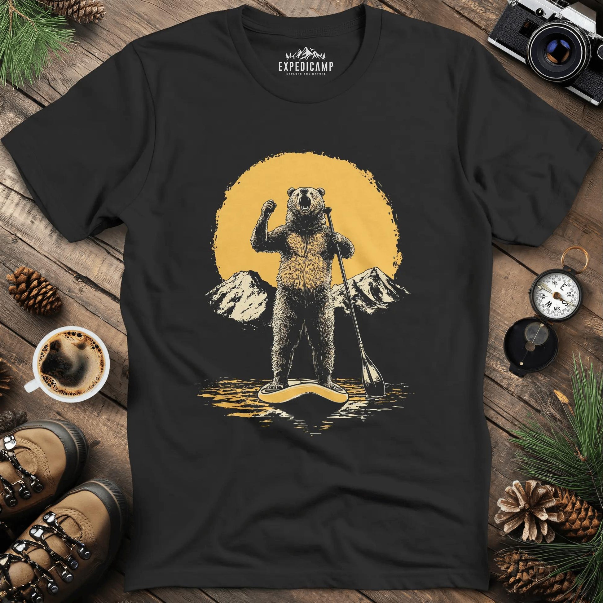 Paddleboarding Bear Sup Adventure T-Shirt – Black – Outdoor apparel for travel, hiking, camping, and nature lovers – ExpediCamp