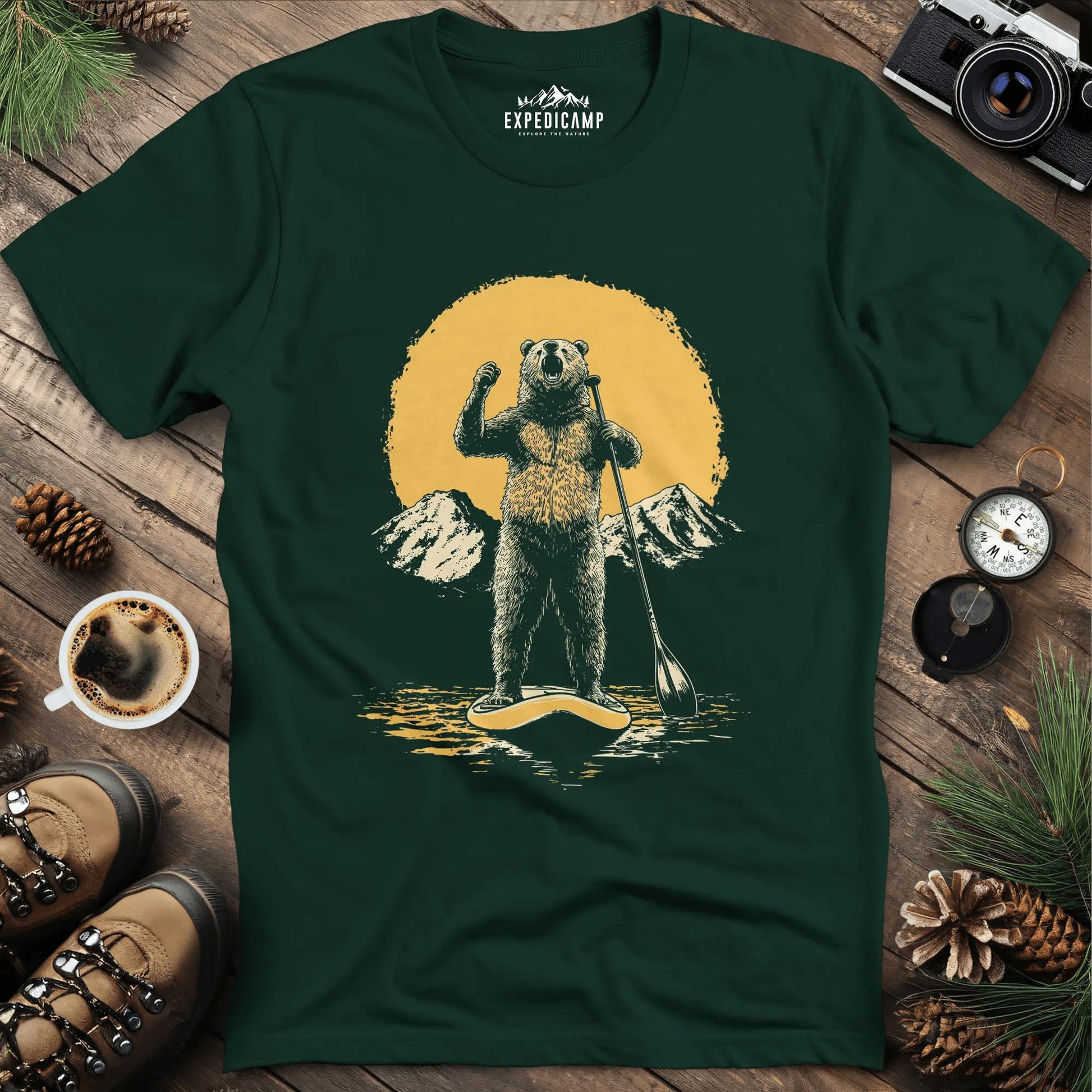 Paddleboarding Bear Sup Adventure T-Shirt – Forest Green – Outdoor apparel for travel, hiking, camping, and nature lovers – ExpediCamp