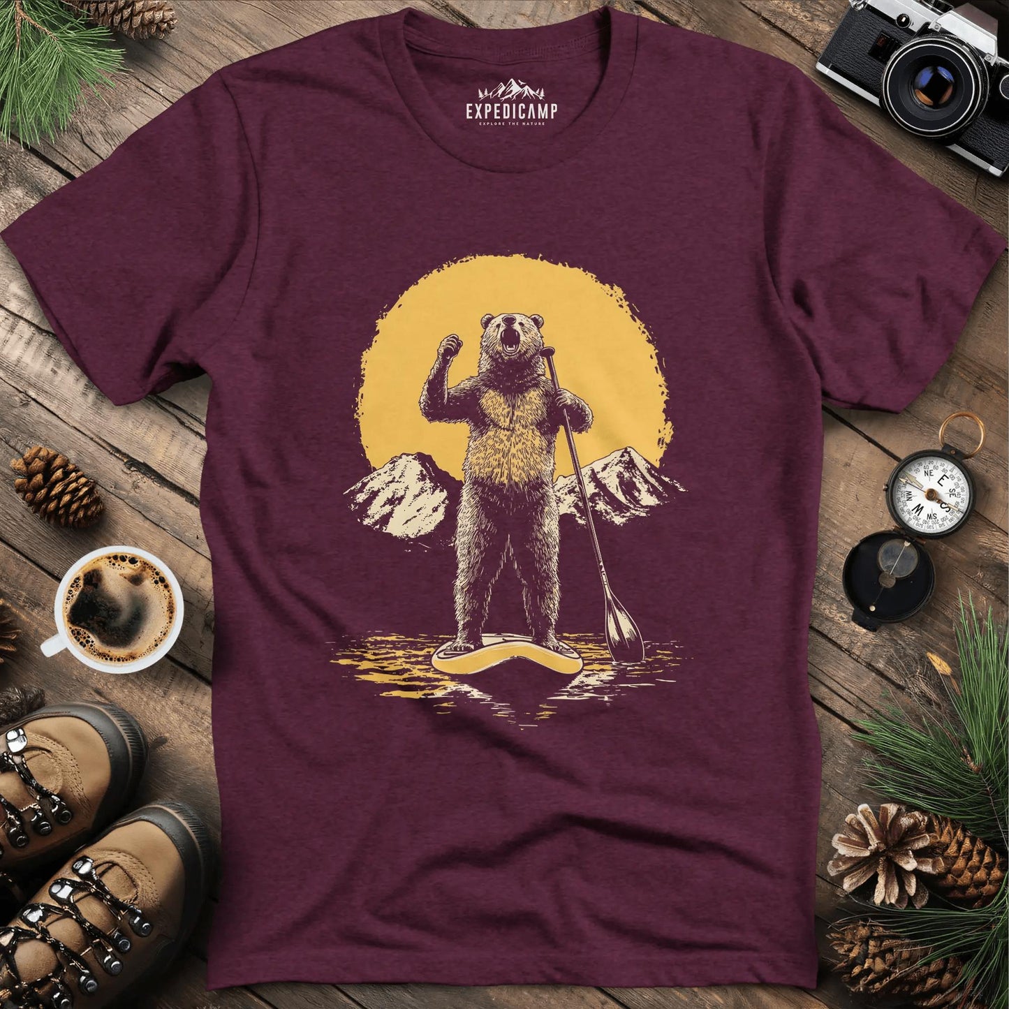 Paddleboarding Bear Sup Adventure T-Shirt – Heather Maroon – Outdoor apparel for travel, hiking, camping, and nature lovers – ExpediCamp