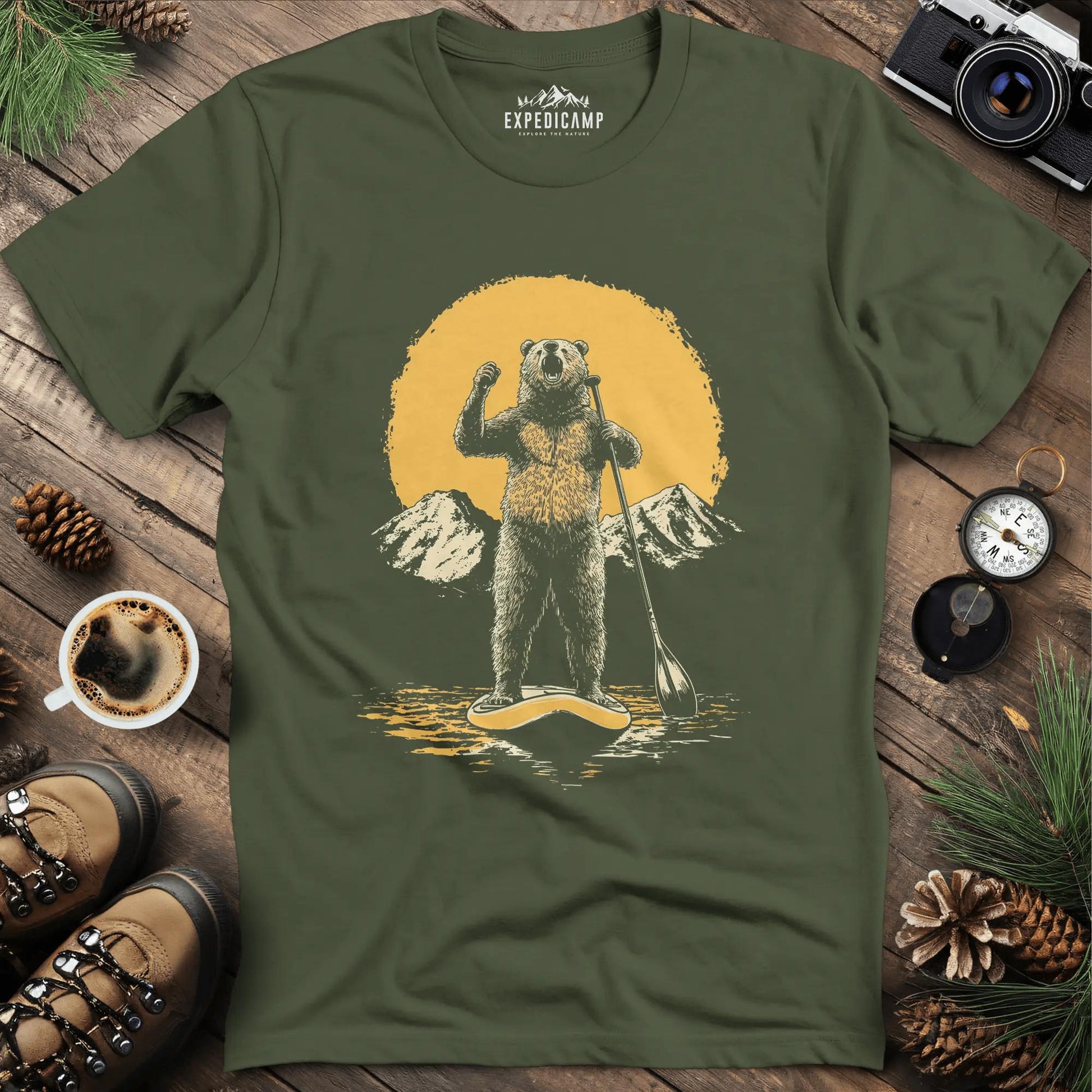 Paddleboarding Bear Sup Adventure T-Shirt – Military Green – Outdoor apparel for travel, hiking, camping, and nature lovers – ExpediCamp