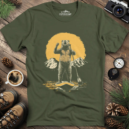 Paddleboarding Bear Sup Adventure T-Shirt – Military Green – Outdoor apparel for travel, hiking, camping, and nature lovers – ExpediCamp