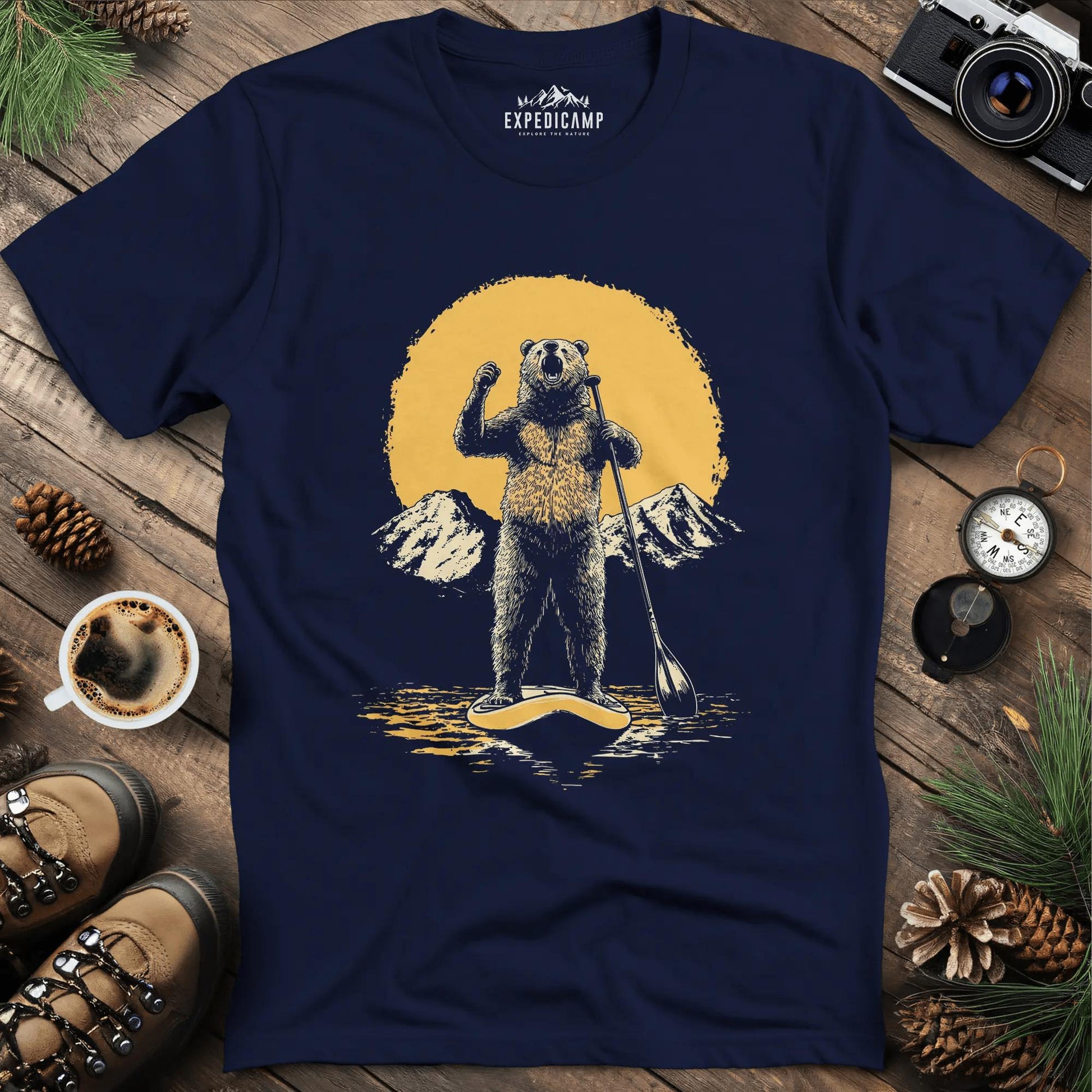 Paddleboarding Bear Sup Adventure T-Shirt – Navy – Outdoor apparel for travel, hiking, camping, and nature lovers – ExpediCamp