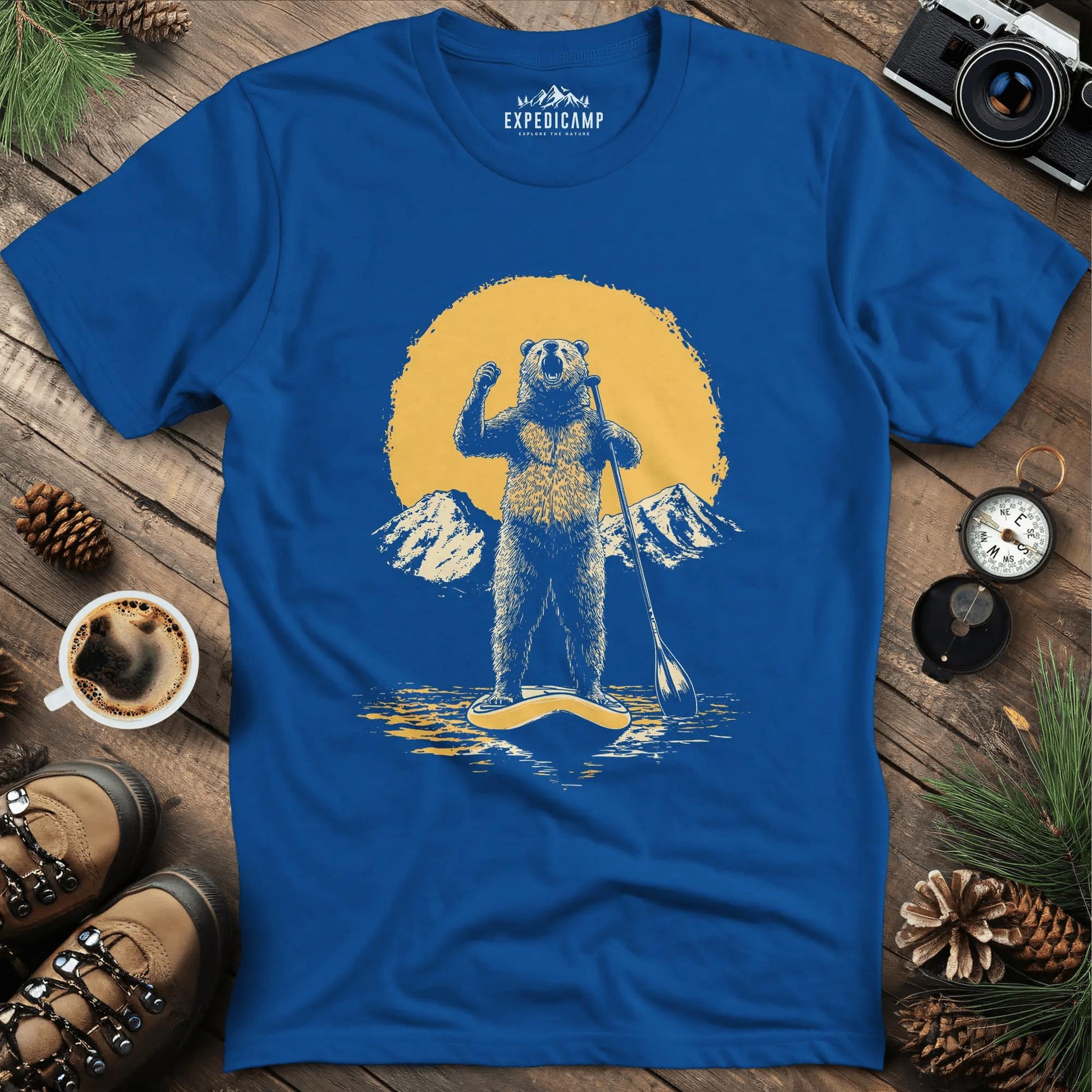 Paddleboarding Bear Sup Adventure T-Shirt – Royal – Outdoor apparel for travel, hiking, camping, and nature lovers – ExpediCamp