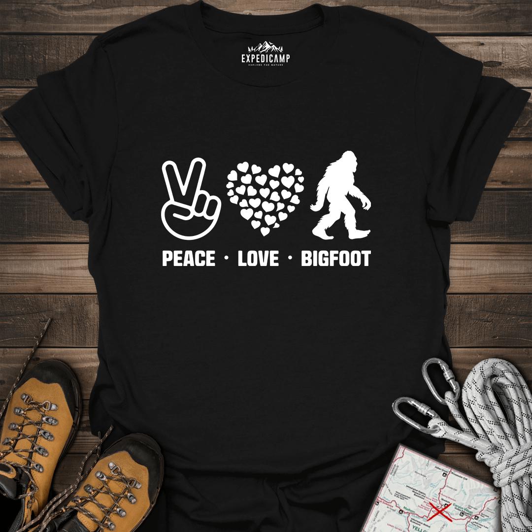 Peace Love Bigfoot T-Shirt – Black – Outdoor apparel for travel, hiking, camping, and nature lovers – ExpediCamp