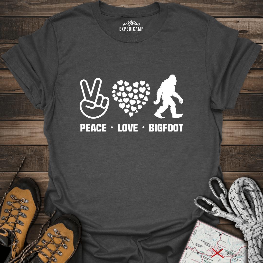 Peace Love Bigfoot T-Shirt – Dark Heather – Outdoor apparel for travel, hiking, camping, and nature lovers – ExpediCamp