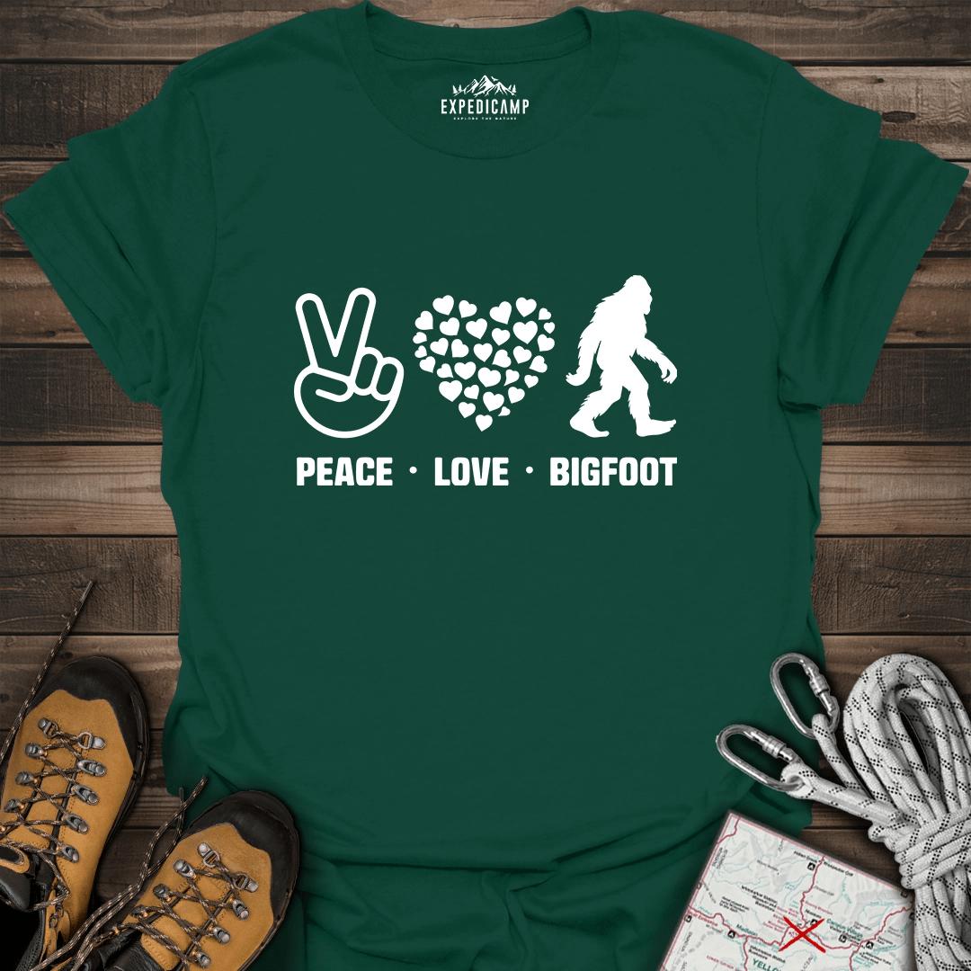 Peace Love Bigfoot T-Shirt – Forest Green – Outdoor apparel for travel, hiking, camping, and nature lovers – ExpediCamp