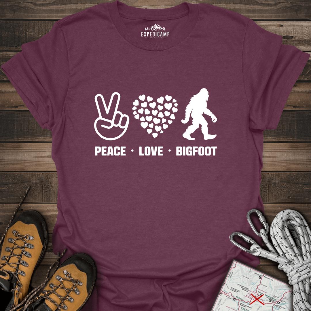 Peace Love Bigfoot T-Shirt – Heather Maroon – Outdoor apparel for travel, hiking, camping, and nature lovers – ExpediCamp