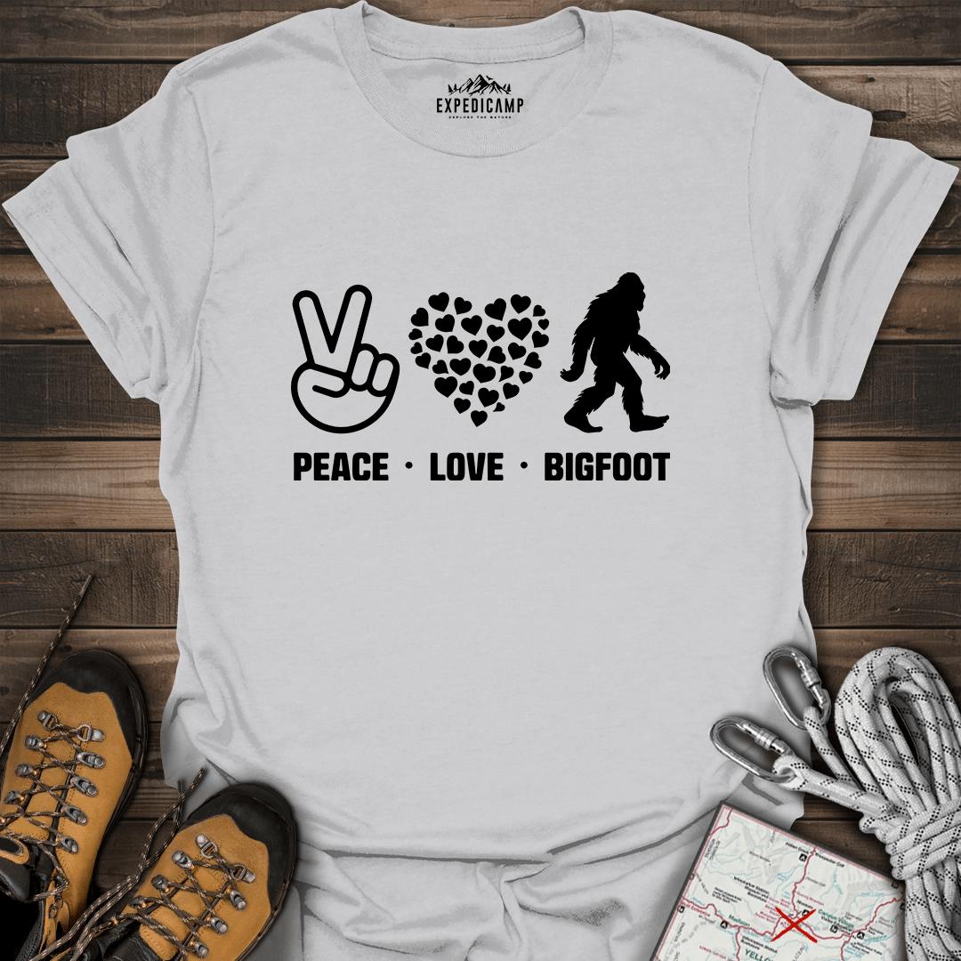 Peace Love Bigfoot T-Shirt – Ice Grey – Outdoor apparel for travel, hiking, camping, and nature lovers – ExpediCamp