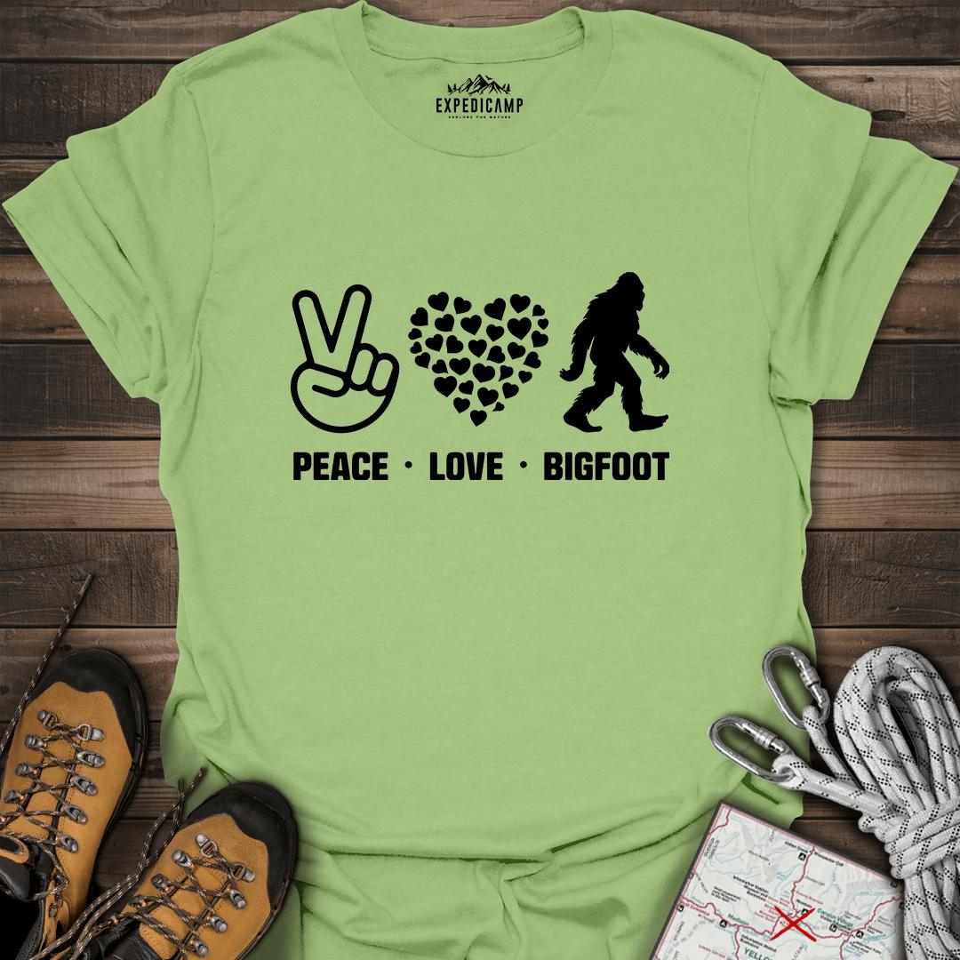Peace Love Bigfoot T-Shirt – Kiwi – Outdoor apparel for travel, hiking, camping, and nature lovers – ExpediCamp