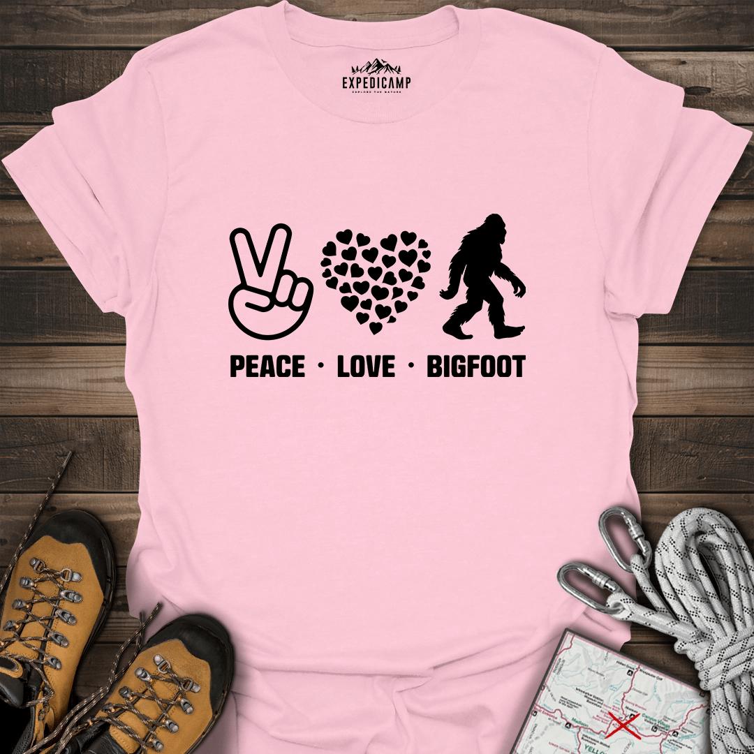 Peace Love Bigfoot T-Shirt – Light Pink – Outdoor apparel for travel, hiking, camping, and nature lovers – ExpediCamp