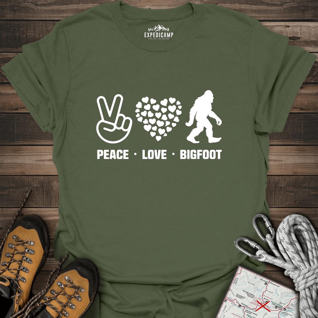 Peace Love Bigfoot T-Shirt – Military Green – Outdoor apparel for travel, hiking, camping, and nature lovers – ExpediCamp