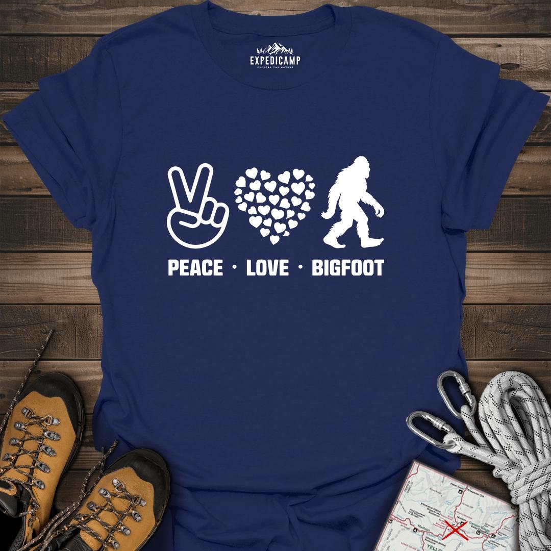 Peace Love Bigfoot T-Shirt – Navy – Outdoor apparel for travel, hiking, camping, and nature lovers – ExpediCamp