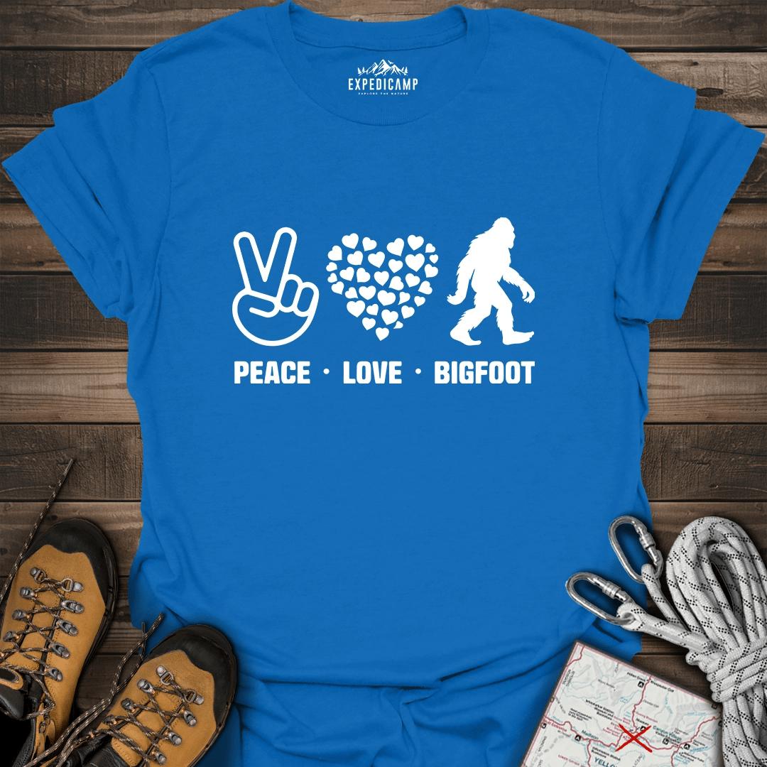 Peace Love Bigfoot T-Shirt – Royal – Outdoor apparel for travel, hiking, camping, and nature lovers – ExpediCamp