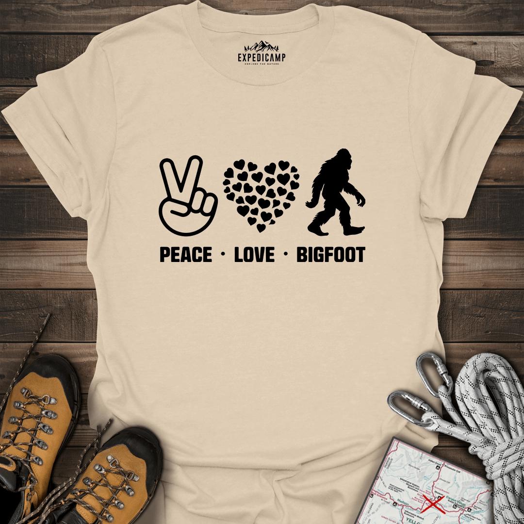 Peace Love Bigfoot T-Shirt – Sand – Outdoor apparel for travel, hiking, camping, and nature lovers – ExpediCamp