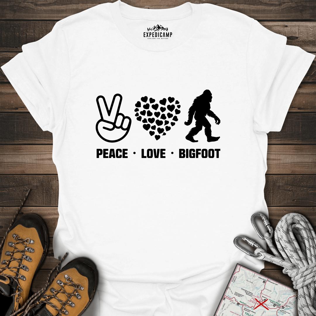 Peace Love Bigfoot T-Shirt – White – Outdoor apparel for travel, hiking, camping, and nature lovers – ExpediCamp