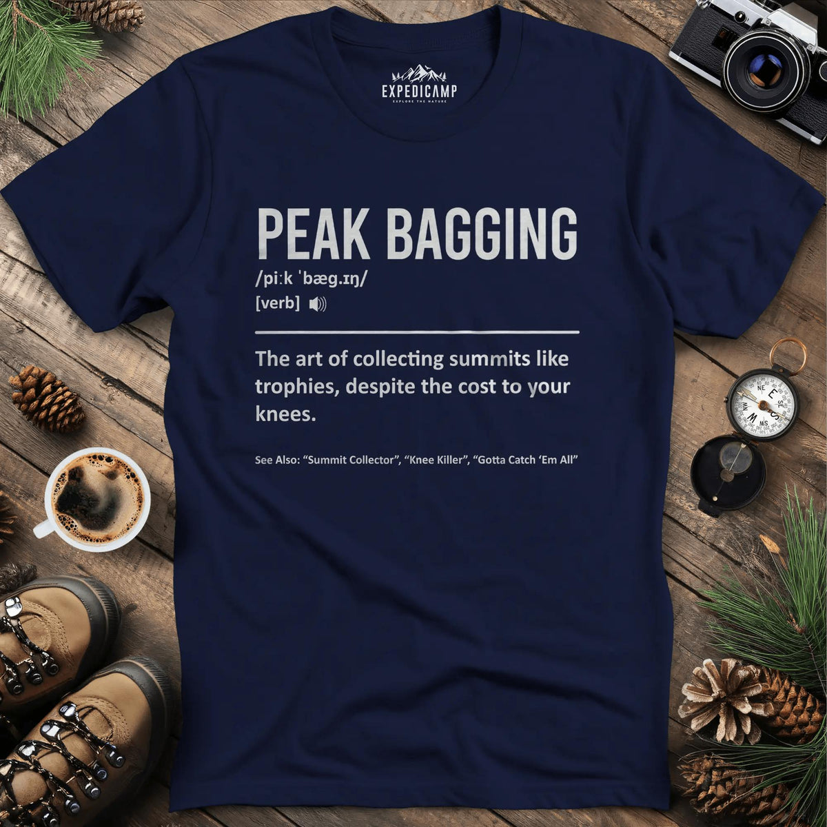 Peak Bagging Definition T-Shirt – Navy – Outdoor apparel for travel, hiking, camping, and nature lovers – ExpediCamp