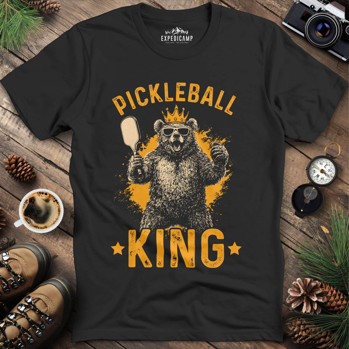 Pickleball King Bear T-Shirt – Black – Outdoor apparel for travel, hiking, camping, and nature lovers – ExpediCamp