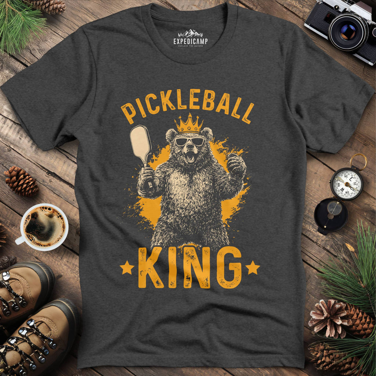 Pickleball King Bear T-Shirt – Dark Heather – Outdoor apparel for travel, hiking, camping, and nature lovers – ExpediCamp
