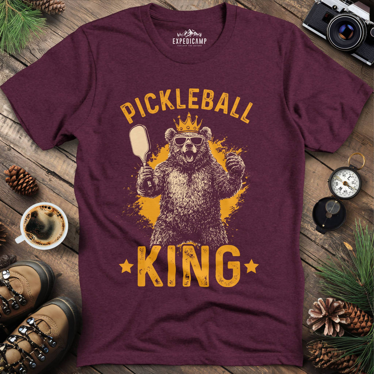 Pickleball King Bear T-Shirt – Heather Maroon – Outdoor apparel for travel, hiking, camping, and nature lovers – ExpediCamp