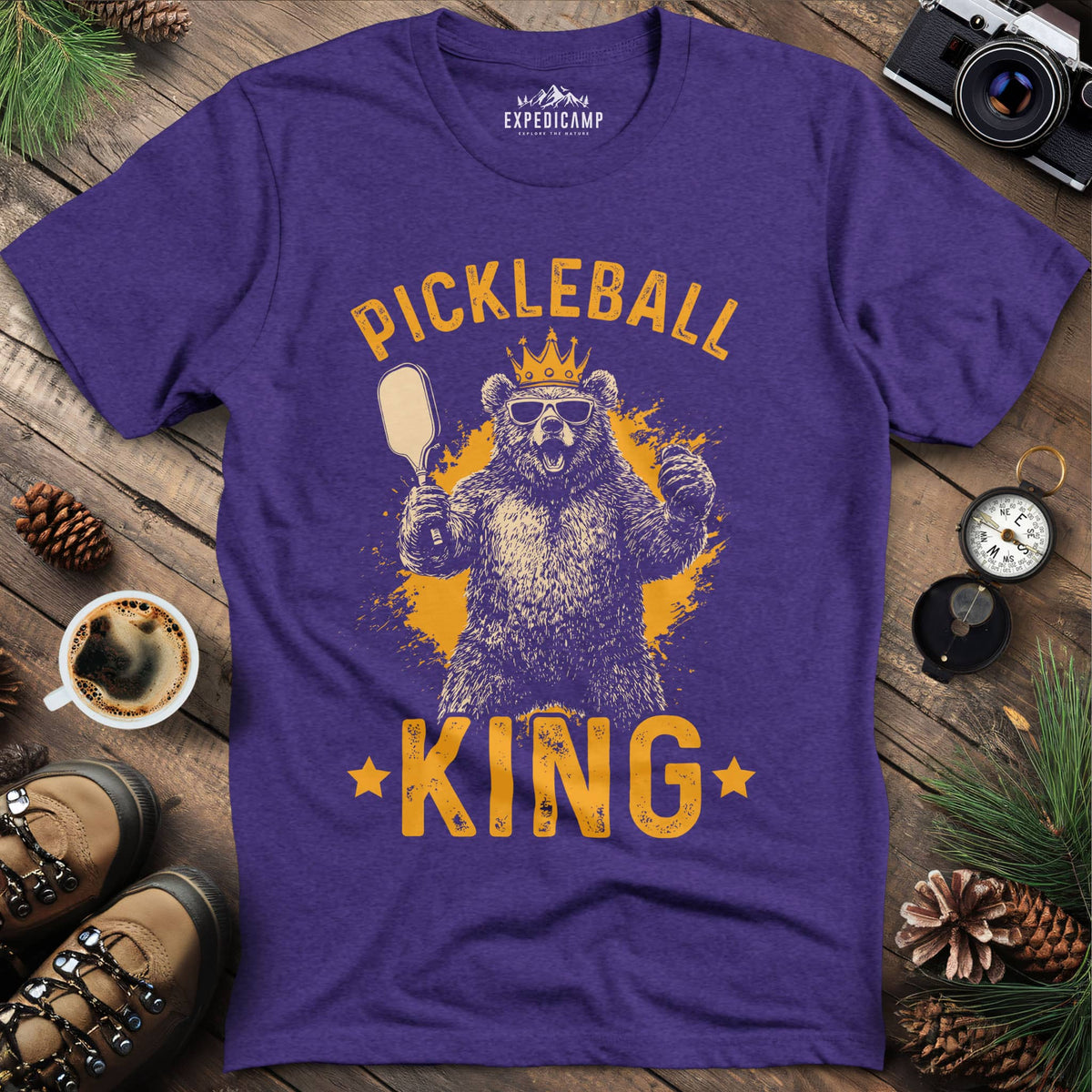Pickleball King Bear T-Shirt – Heather Purple – Outdoor apparel for travel, hiking, camping, and nature lovers – ExpediCamp
