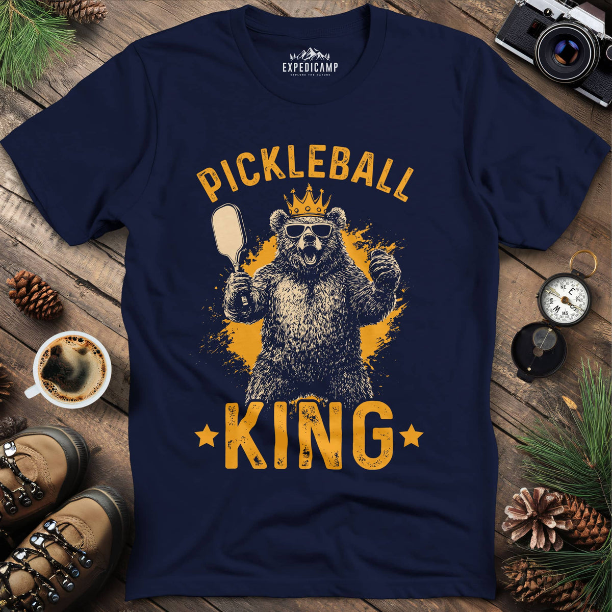 Pickleball King Bear T-Shirt – Navy – Outdoor apparel for travel, hiking, camping, and nature lovers – ExpediCamp