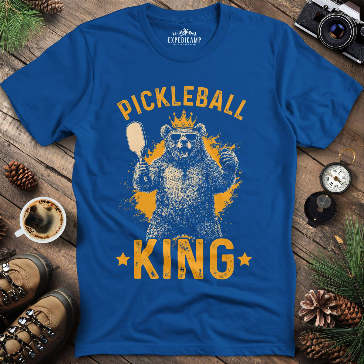 Pickleball King Bear T-Shirt – Royal – Outdoor apparel for travel, hiking, camping, and nature lovers – ExpediCamp