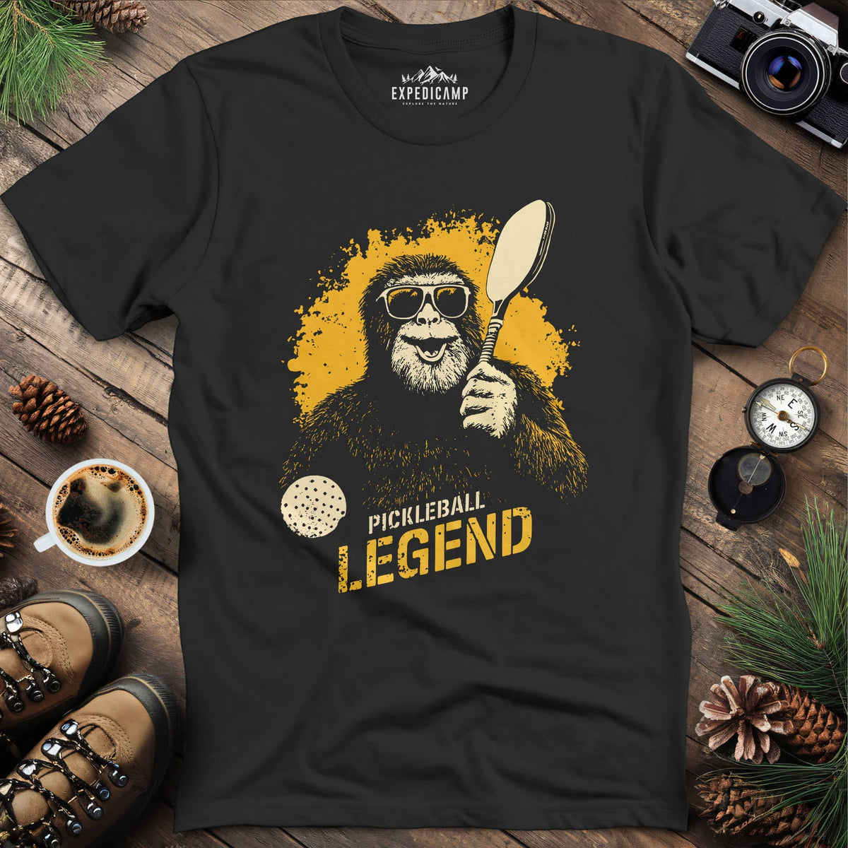 Pickleball Legend Funny Bigfoot T-Shirt – Black – Outdoor apparel for travel, hiking, camping, and nature lovers – ExpediCamp