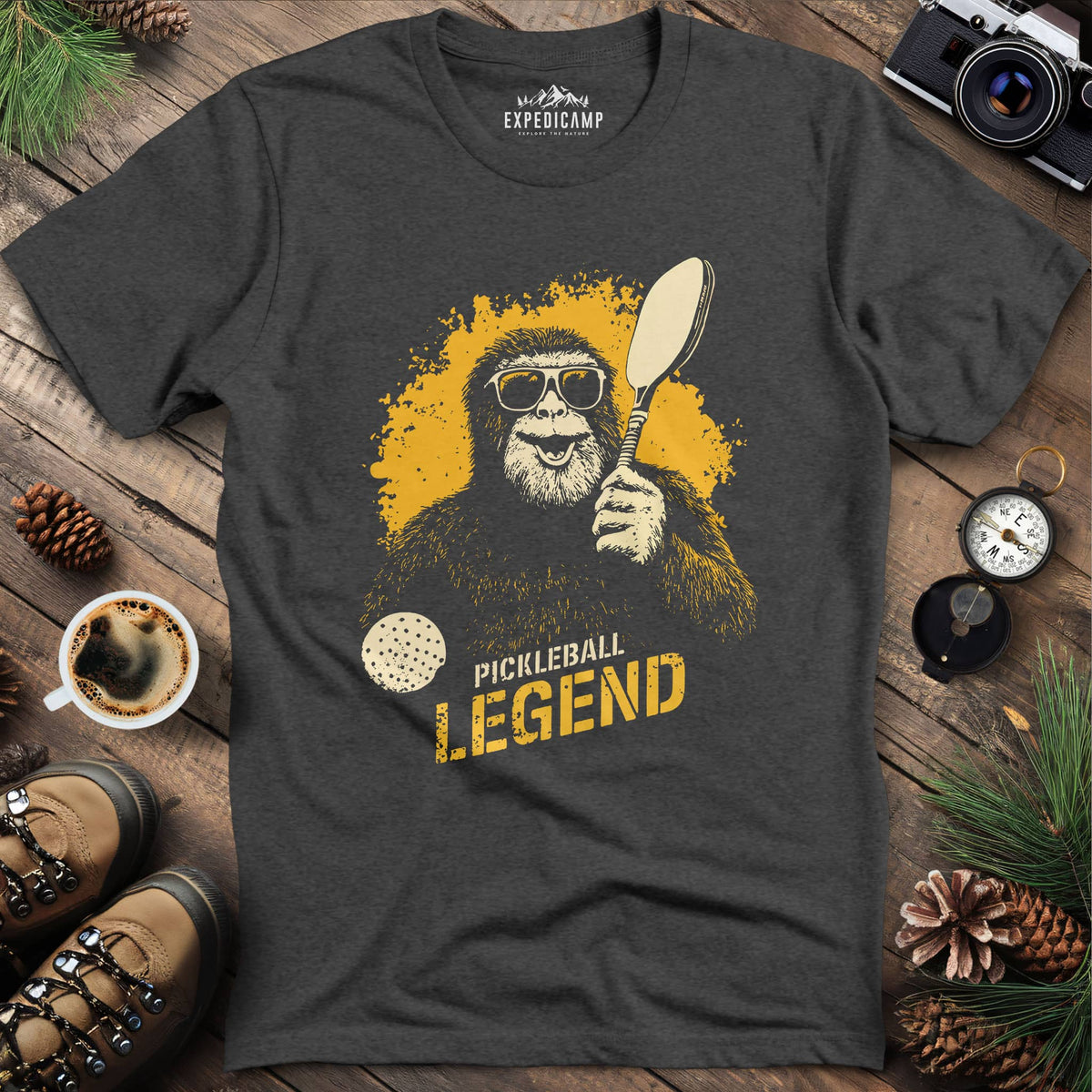 Pickleball Legend Funny Bigfoot T-Shirt – Dark Heather – Outdoor apparel for travel, hiking, camping, and nature lovers – ExpediCamp