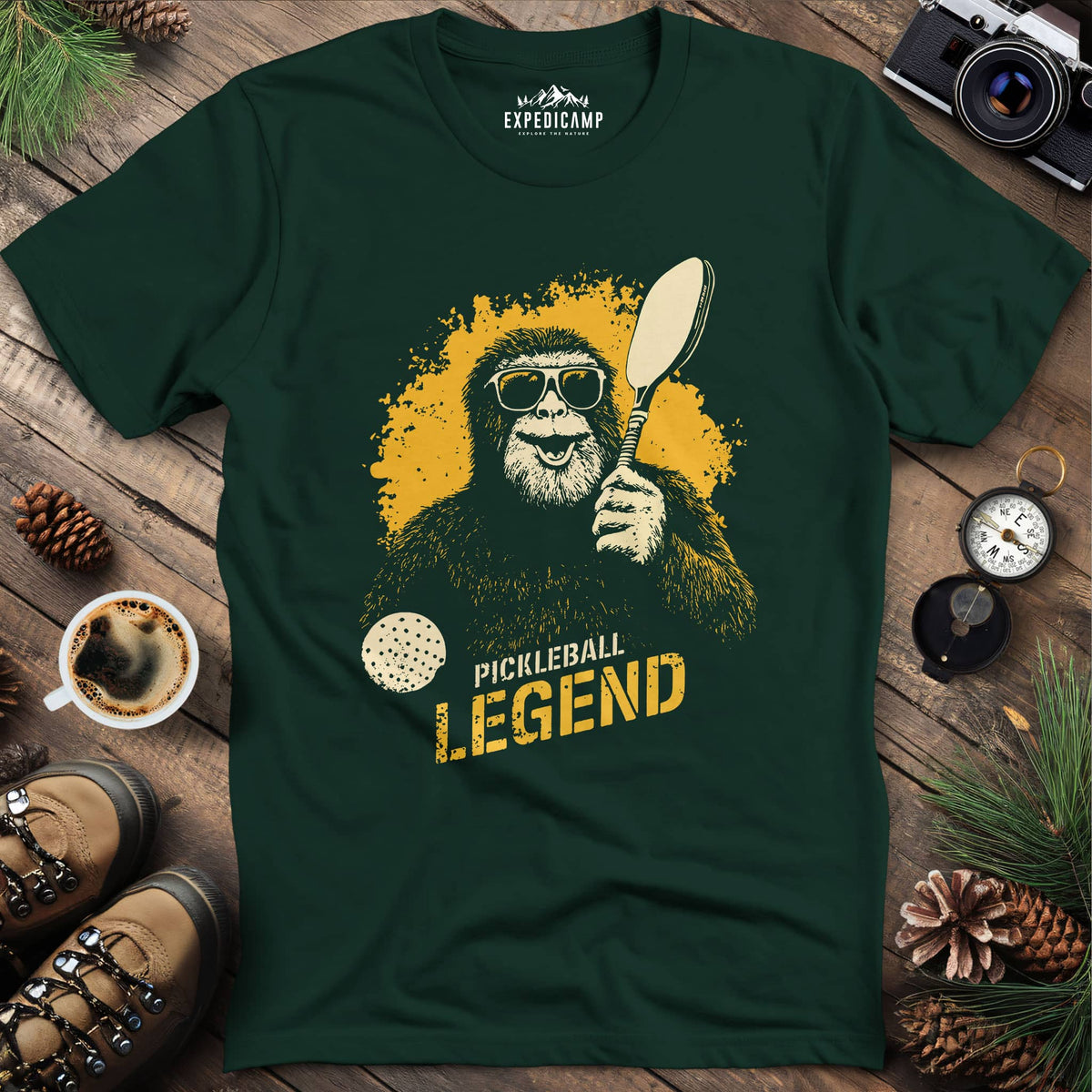 Pickleball Legend Funny Bigfoot T-Shirt – Forest Green – Outdoor apparel for travel, hiking, camping, and nature lovers – ExpediCamp