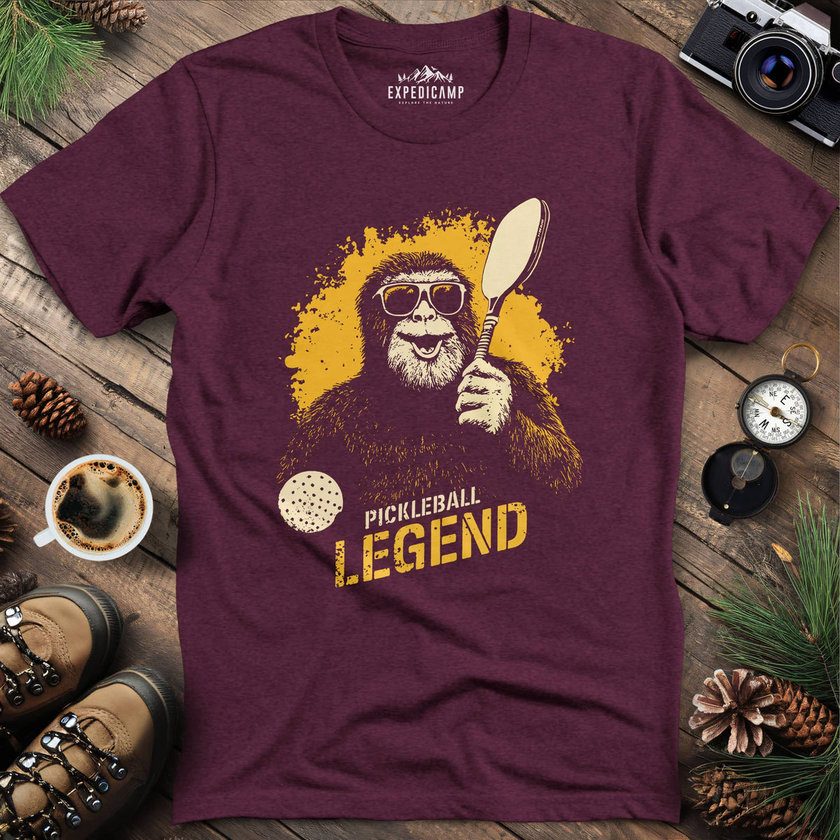 Pickleball Legend Funny Bigfoot T-Shirt – Heather Maroon – Outdoor apparel for travel, hiking, camping, and nature lovers – ExpediCamp