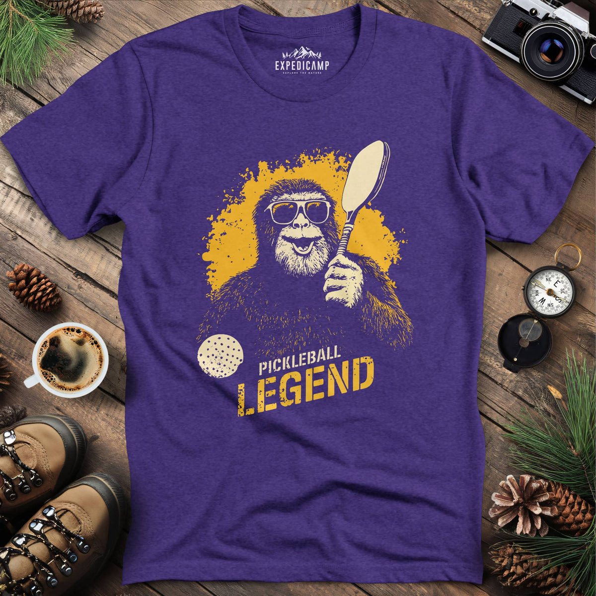 Pickleball Legend Funny Bigfoot T-Shirt – Heather Purple – Outdoor apparel for travel, hiking, camping, and nature lovers – ExpediCamp