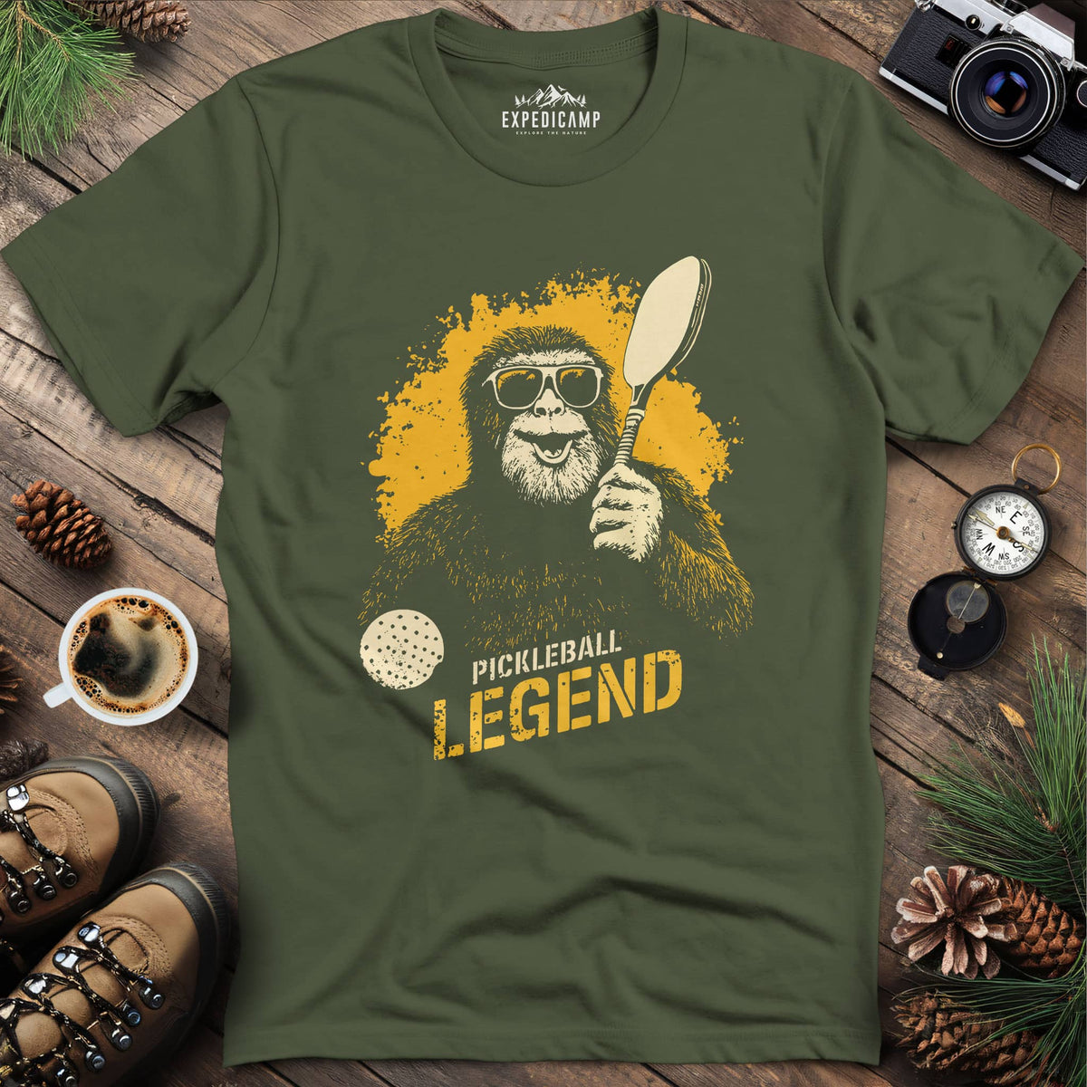Pickleball Legend Funny Bigfoot T-Shirt – Military Green – Outdoor apparel for travel, hiking, camping, and nature lovers – ExpediCamp