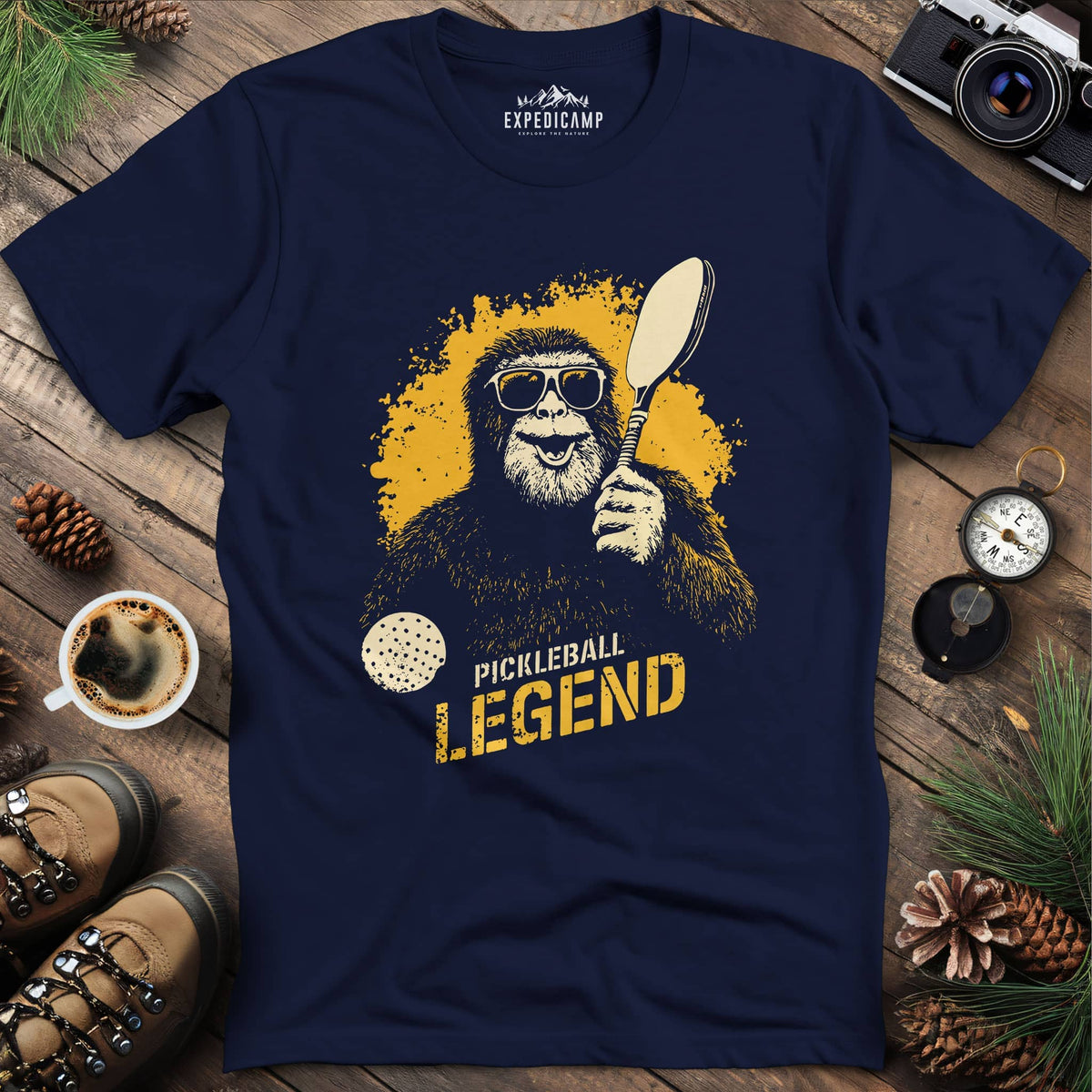 Pickleball Legend Funny Bigfoot T-Shirt – Navy – Outdoor apparel for travel, hiking, camping, and nature lovers – ExpediCamp