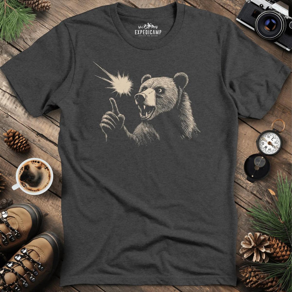 Pointing Bear T-Shirt – Wilderness Wonder – Dark Heather – Outdoor apparel for travel, hiking, camping, and nature lovers – ExpediCamp