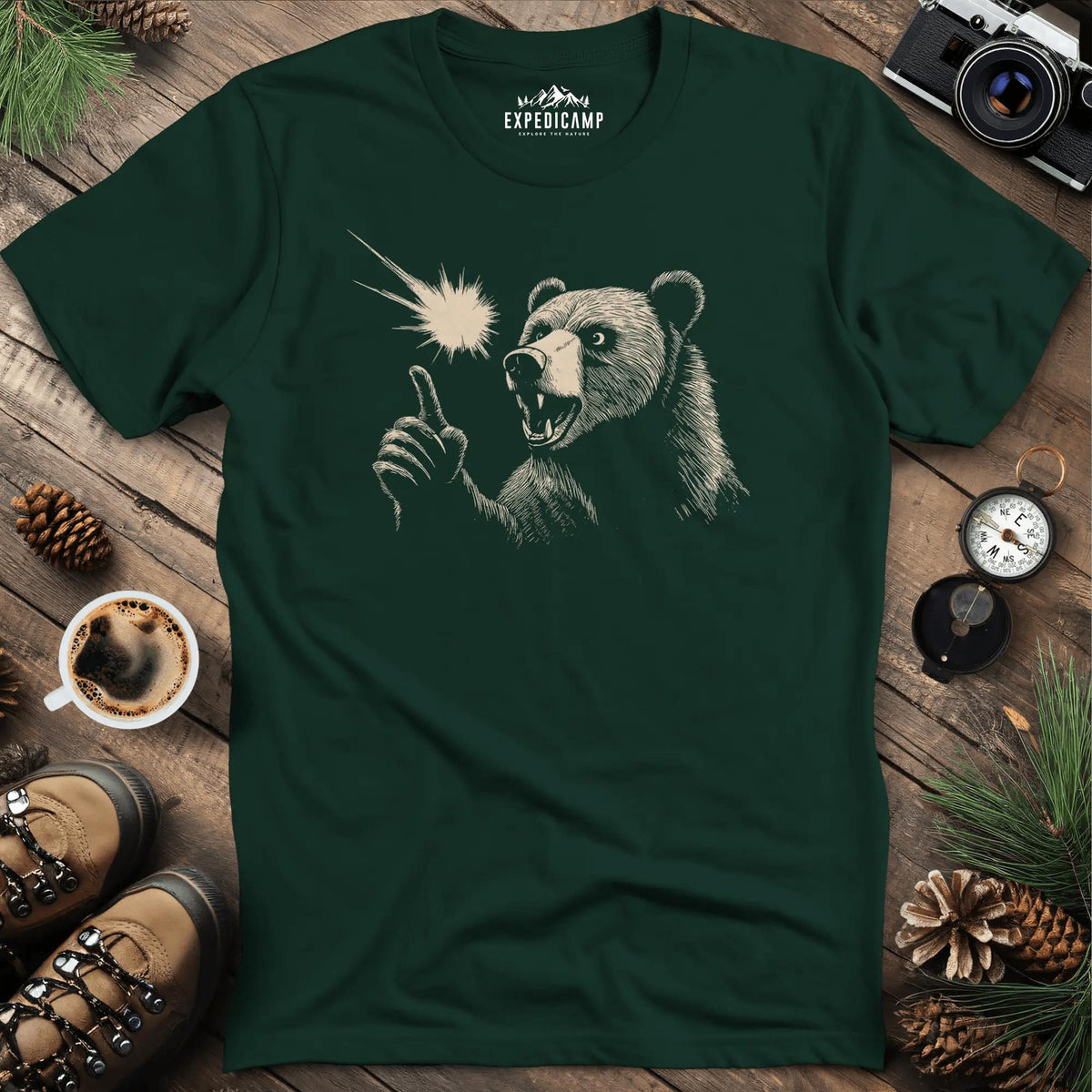 Pointing Bear T-Shirt – Wilderness Wonder – Forest Green – Outdoor apparel for travel, hiking, camping, and nature lovers – ExpediCamp