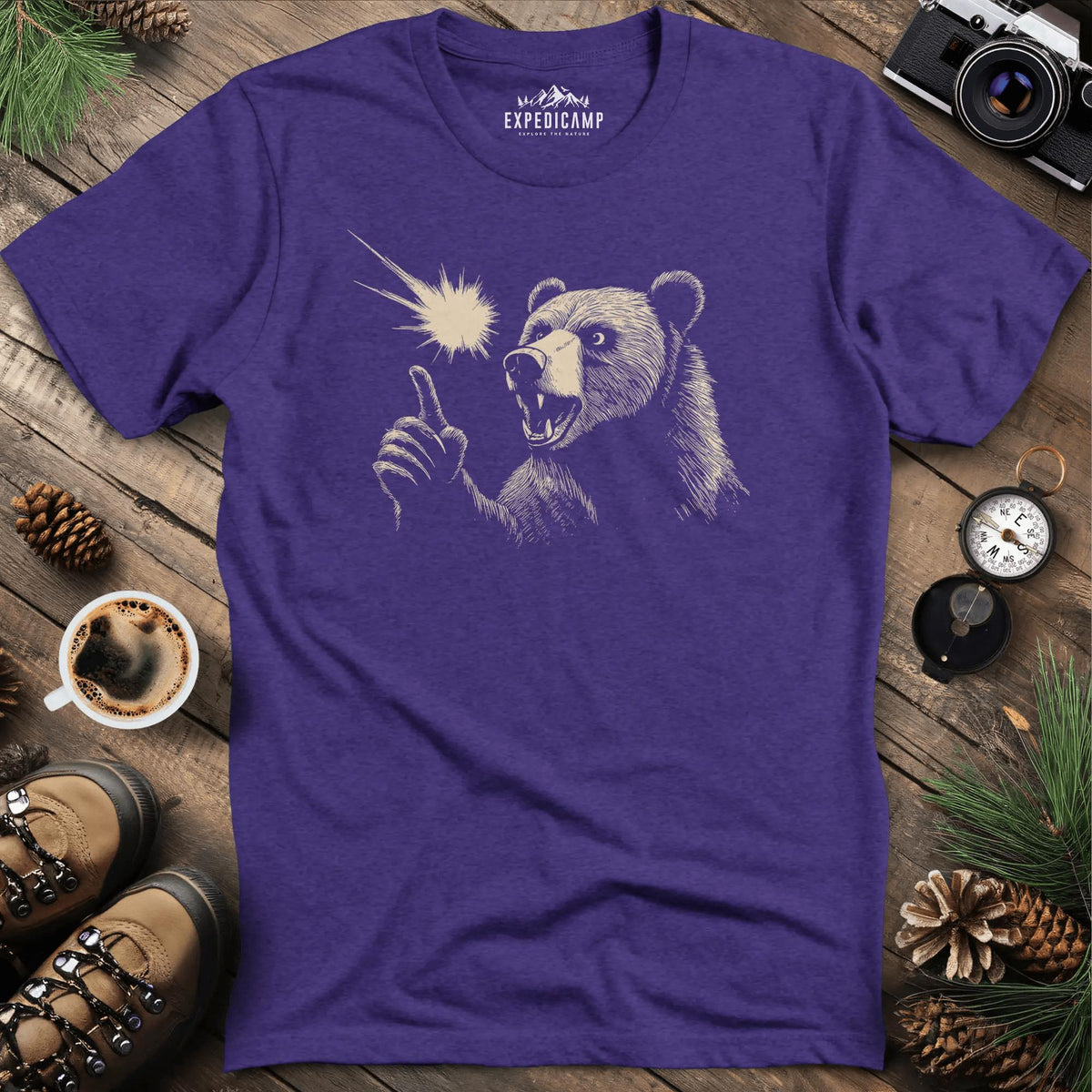 Pointing Bear T-Shirt – Wilderness Wonder – Heather Purple – Outdoor apparel for travel, hiking, camping, and nature lovers – ExpediCamp