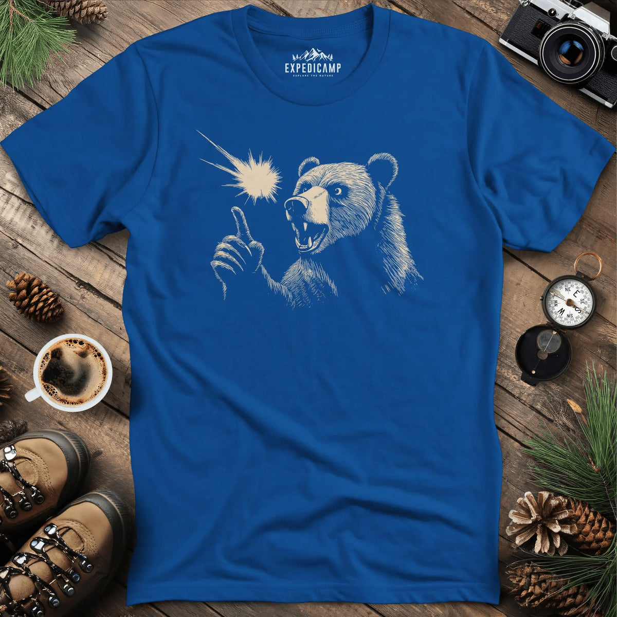 Pointing Bear T-Shirt – Wilderness Wonder – Royal – Outdoor apparel for travel, hiking, camping, and nature lovers – ExpediCamp