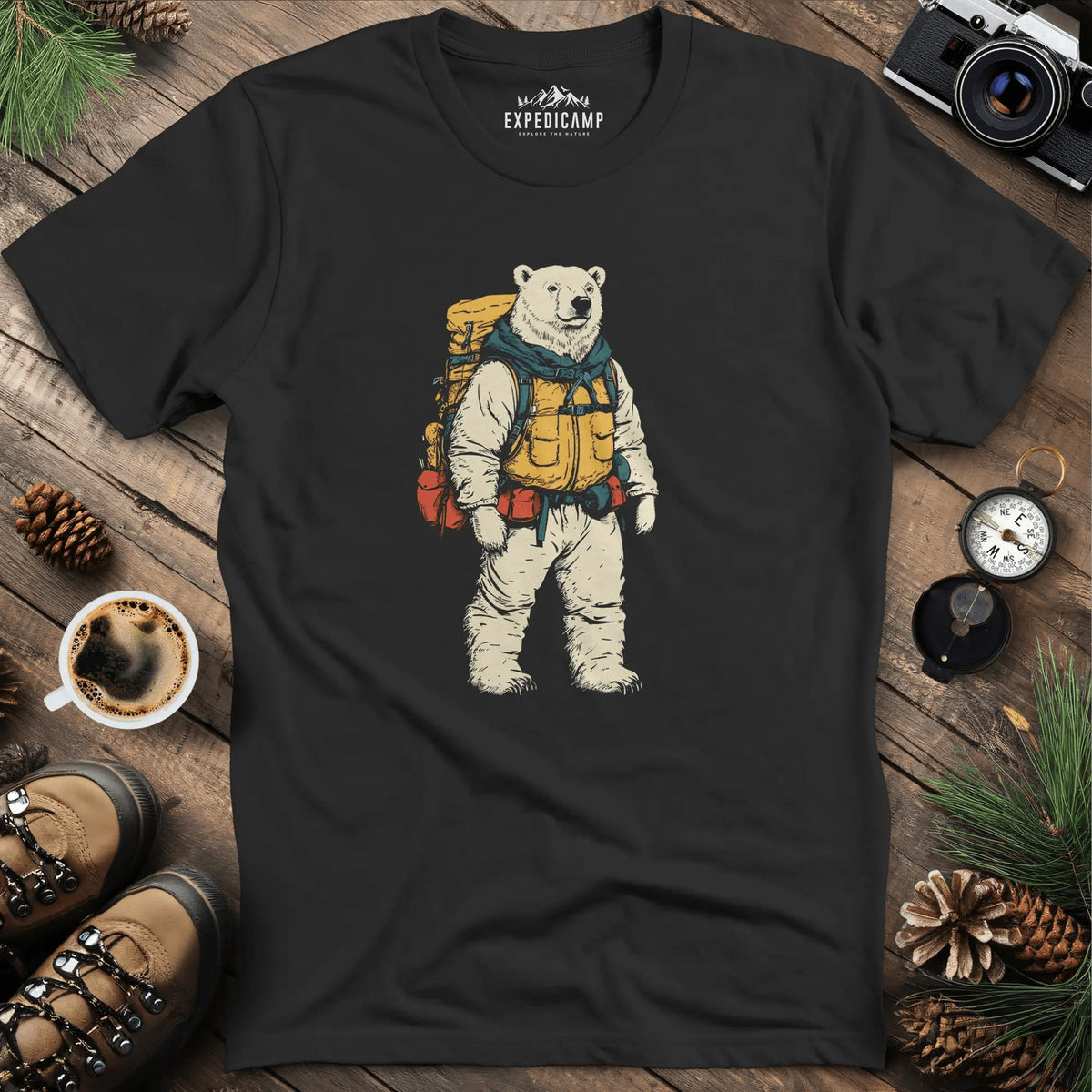 Polar Bear Hiker T-Shirt – Arctic Adventurer – Black – Outdoor apparel for travel, hiking, camping, and nature lovers – ExpediCamp