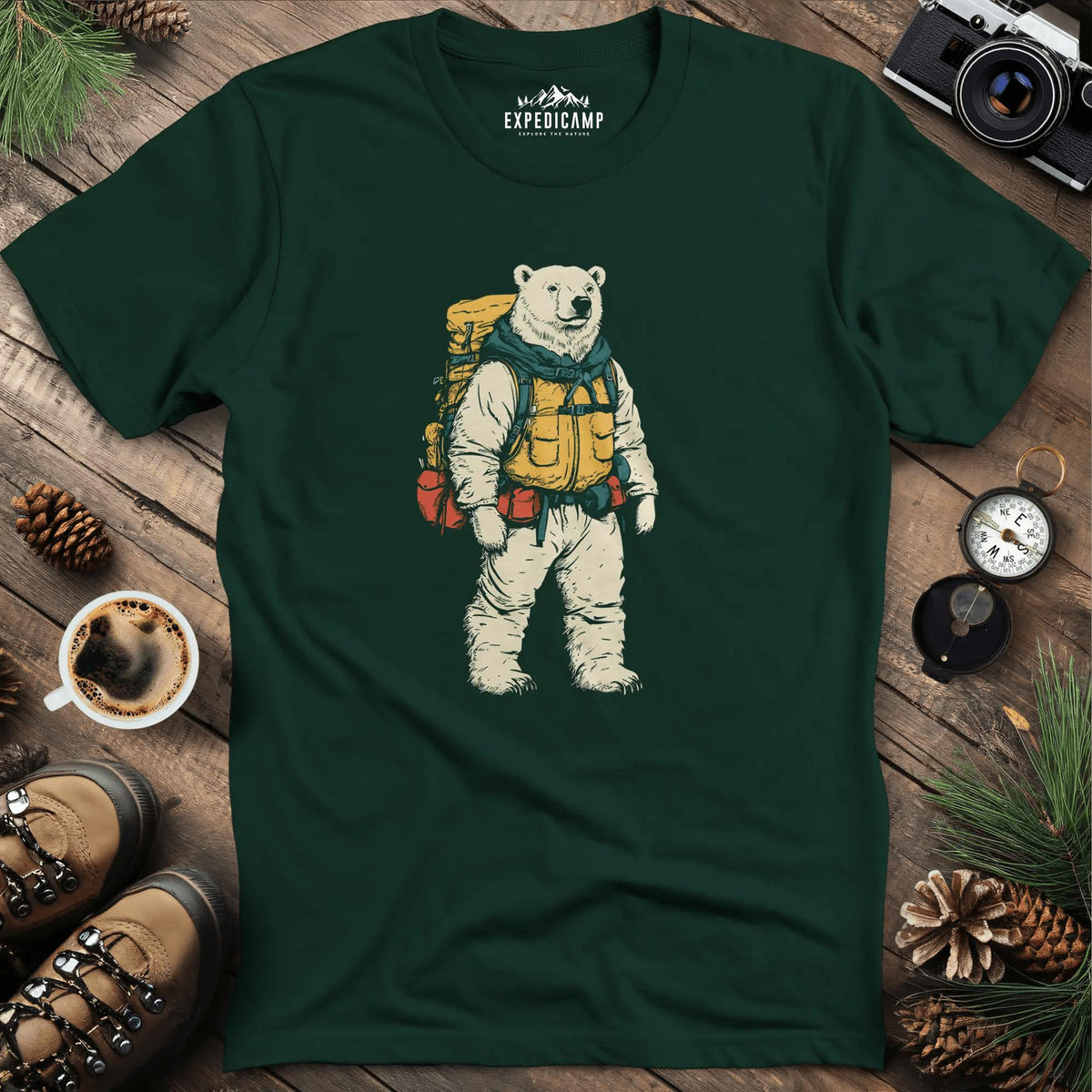 Polar Bear Hiker T-Shirt – Arctic Adventurer – Forest Green – Outdoor apparel for travel, hiking, camping, and nature lovers – ExpediCamp