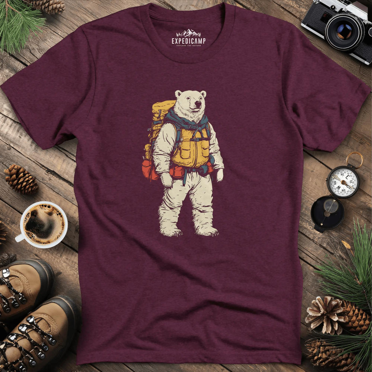 Polar Bear Hiker T-Shirt – Arctic Adventurer – Heather Maroon – Outdoor apparel for travel, hiking, camping, and nature lovers – ExpediCamp