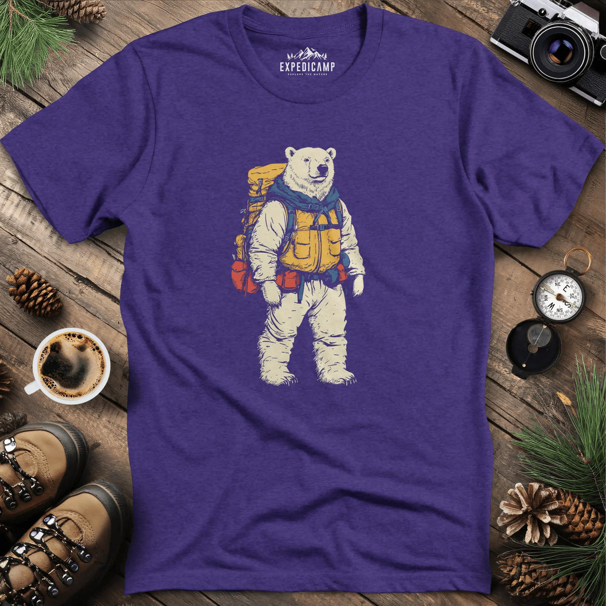 Polar Bear Hiker T-Shirt – Arctic Adventurer – Heather Purple – Outdoor apparel for travel, hiking, camping, and nature lovers – ExpediCamp