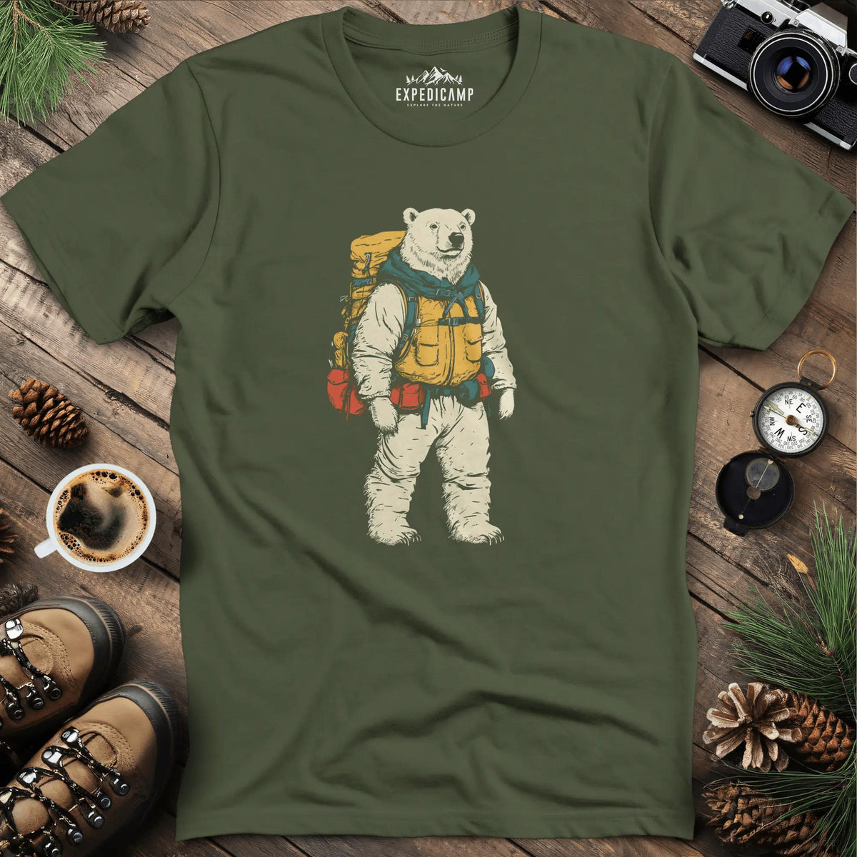 Polar Bear Hiker T-Shirt – Arctic Adventurer – Military Green – Outdoor apparel for travel, hiking, camping, and nature lovers – ExpediCamp
