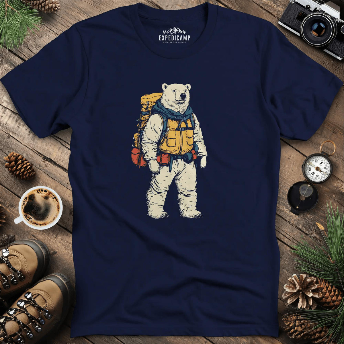 Polar Bear Hiker T-Shirt – Arctic Adventurer – Navy – Outdoor apparel for travel, hiking, camping, and nature lovers – ExpediCamp