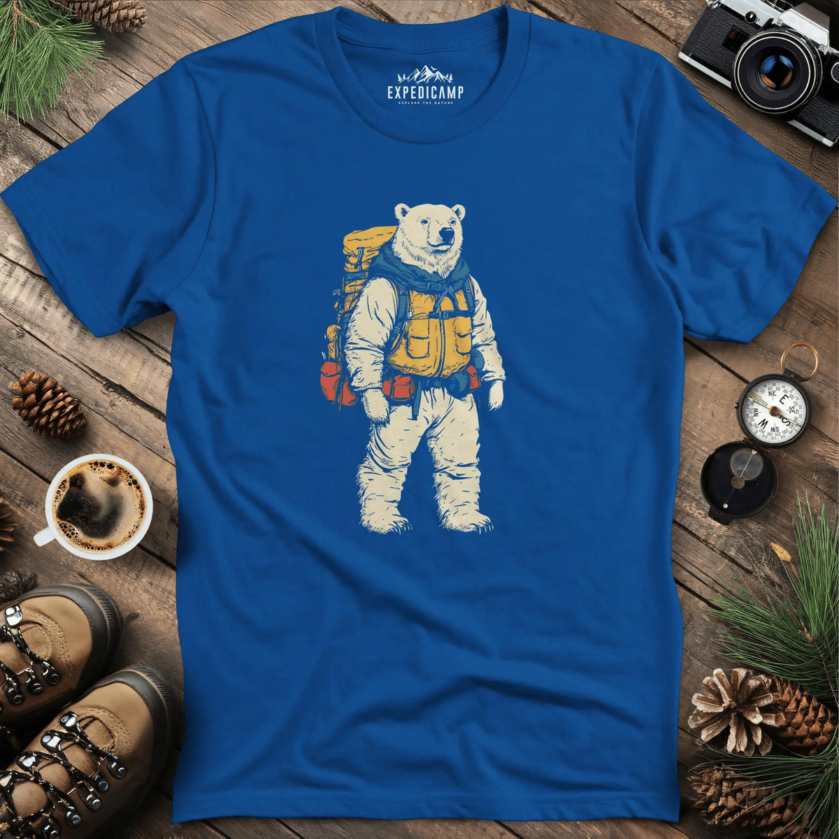 Polar Bear Hiker T-Shirt – Arctic Adventurer – Royal – Outdoor apparel for travel, hiking, camping, and nature lovers – ExpediCamp