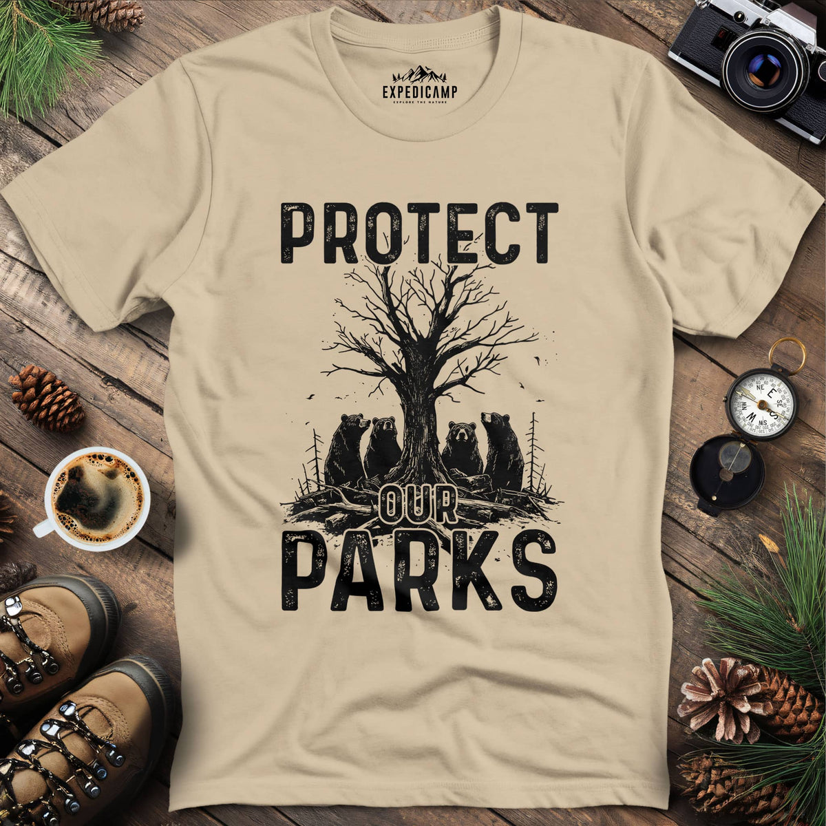 Protect Our Parks Wildlife Conservation T-Shirt – Sand – Outdoor apparel for travel, hiking, camping, and nature lovers – ExpediCamp